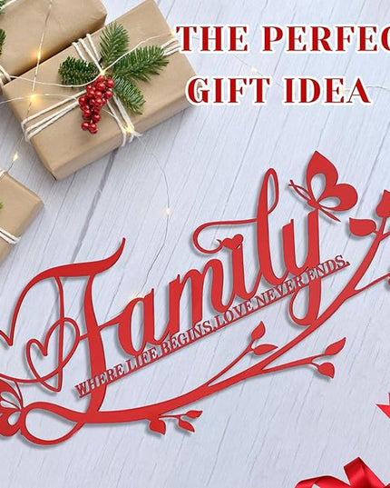 Family Where Life Begins Love Never Ends Word Sign Metal Wall Decor, Black Home Decor Wall Art Decorations, Letters Quotes Sign for Living Room Bedroom Kitchen Indoor Outdoor Decor(17.5", Red)