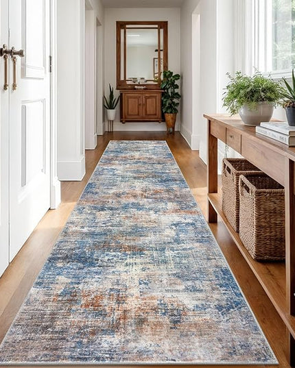 IOHOUZE Abstract Runner Rug 3x12 Ft Washable Runners for Hallways, Non Slip Kitchen Runner Printed Faux Wool Entryway Runner Indoor, Modern Abstract Floor Carpet for Hall Kitchen, Blue Rust