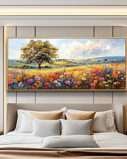 hyidecorart Farmhouse Wall Art For Living Room Pictures For Bedroom Wall Decor Natural Scenery Wall Painting Office Artwork Colorful Flowers And Trees Canvas Prints Hanging Decor Wood Framed 72x32
