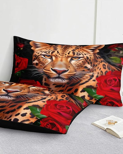 Bedbay Leopard Bedding Comforter Set Queen Size Rose Floral Bedding Set Rose Flowers and Wild Cheetah Print 8 Pcs Queen Bed in a Bag Set Teen Adults Animal Comforter Set with Sheets (Leopard,Queen)