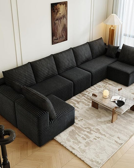 168.5" Modular Sectional Sofa, Oversized U-Shaped Minimalist Couches with 3 Middle Seats Chaise, Modern Deep Seat Convertible Sleeper Sofa, Cloud Plush Corduroy Fabric,7 Seater, Black
