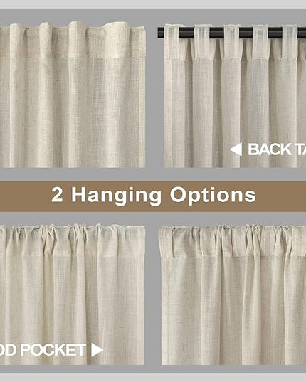 Flax Linen Curtains 108 Inches Long for Kids Room 2 Panels Back Tab Pocket Window Draperies Light Filtering Semi Privacy Beige Sheer Curtains for Living Room Sliding Door Track Cotton Canvas Look 9 FT