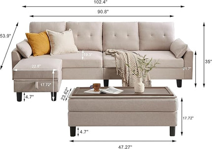 Convertible Sectional Sofa, Modern L Shaped Couch,Linen Fabric 4-Seat Sofa Set with Storage Ottoman and Coffee Table for Living Room,Beige