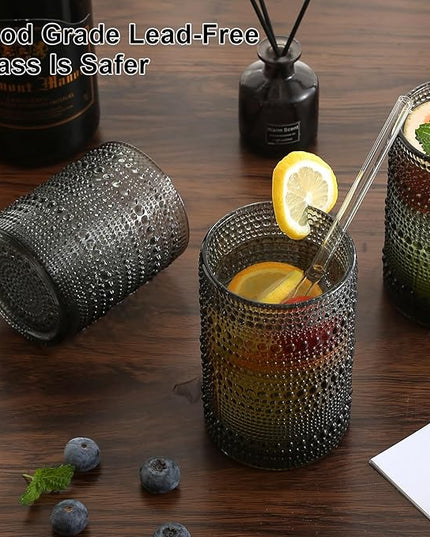 Vintage Glassware Drinking Glasses Set of 12,Grey 12oz & 15oz Hobnail Glass Cups,Embossed Water Tumbler,for Beer,Cocktail,Whiskey,Juice and Various Mixed Drinks- 1 Cleaning Brush