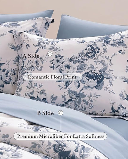 King Comforter Set -7 Pieces Floral Blue Comforter Set for All Seasons, Bed in a Bag King with Botanical Flowers Comforter, Sheets, Pillowcases & Shams