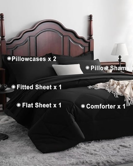 NTBAY King Comforter Set with Sheets, 7 Pieces Soft and Breathable King Bedding Set, Bed in a Bag, Down Alternative Comforter Set Solid Color All Season, King Bedding Set, Black