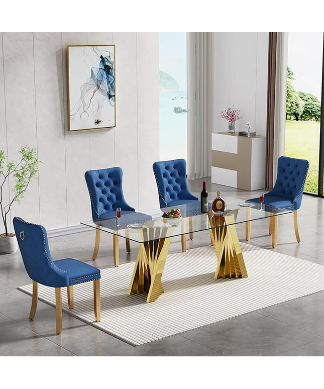 5 Piece Glass Dining Table Set,70" Dinner Room Glass Table Set for 4,Modern Kitchen Dinner Table Set with Stainless Steel Base and 4 Upholstered Velvet Dining Chairs for Living Dining Room