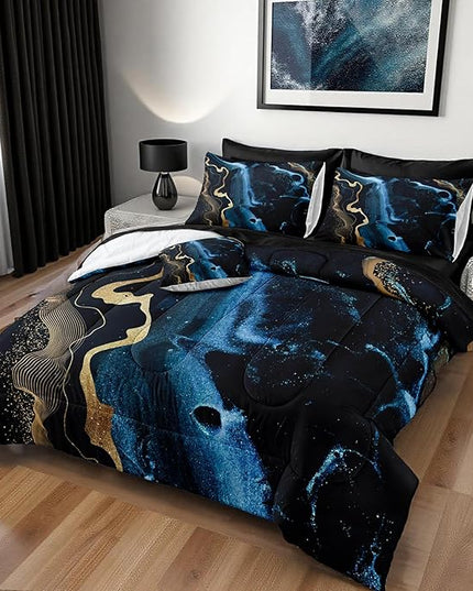 Bedbay Blue Marble King Size Comforter Set Blue Gold Marble Comforter Set 8 Pieces Soft Lightweight Bed in a Bag Metallic Luxury Bedding Set