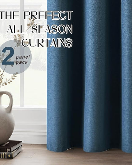 100% Blackout 132 Inch Curtains Extra Long Linen Look 11ft Length Drapes, Thermal Insulated Living Room High Ceiling Tall Cutains Grommet Window Panels, Denim Blue, W52 x L132, 2 Panels