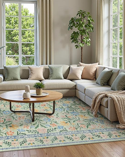 Wonnitar 10x14 Machine Washable Area Rugs, Green Floral Large Rugs for Living Room, Ultra-Thin Foldable Boho Flower Print Bedroom Carpet for Dorm Apartment Office
