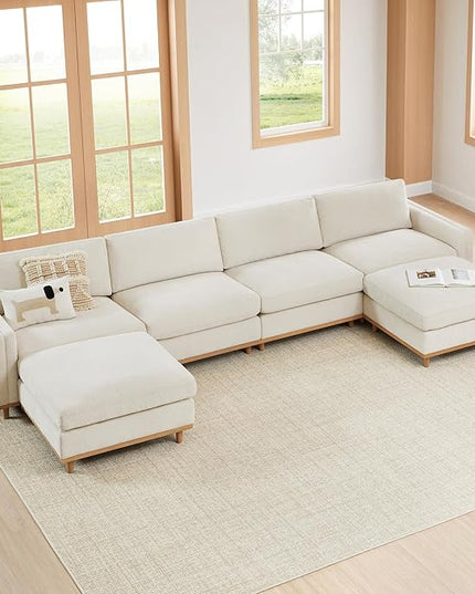 CHITA Super Large Luxury U Shape Convertible Sectional Modular Sofa, Down Filled Modern Sofa, Deep Seat Cloud Couch, 153 inch Width, 6 Seat Couch with Chaise, 2 Ottomans, Solid Wood Leg, Linen