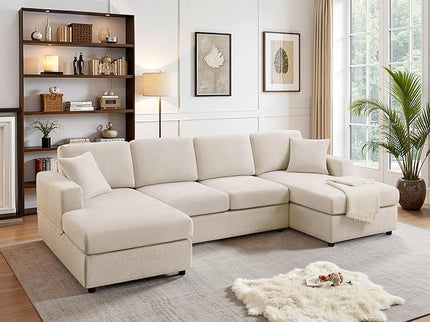 VANOMi 118'' U Shaped Sectional Sofa, 4 Seat Modern Sectional Couch, Double Chaise Longue, Cozy Chenille Sofa Couches for Living Room Apartment, Beige