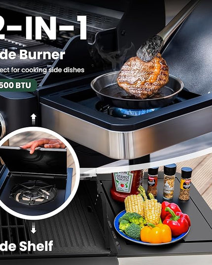 2 in 1 Propane Gas BBQ Grill with Side Burner & Porcelain-Enameled Cast Iron Grate, 4-Burner Flat Top Griddle, 46,700 BTU Outdoor Barbecue Propane Griddle Grill Combo for Camping, Patio, Backyard