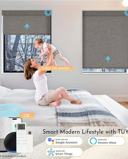 Persilux Smart Motorized Blinds with Remote, No Drill Automatic Roller Shades for Indoor Windows, Blackout Linen Fabric, Electric Blinds for Windows, Linen Brown C156BO-4, Custom Size