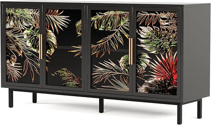 GDFStudio 60.3" Retro Buffet Sideboard Cabinet with 4 Glass Doors, Modern Glazed Painting Art Storage Cabinet Console Table, Artistic Tropical Glass Credenza Buffet for Living Room Dining Room, Black