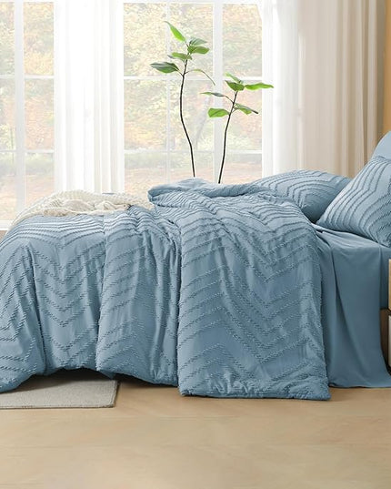 Litanika Grayish Blue Full Size Comforter Set with Sheets - 7 Pieces Bed in a Bag Full Chevron Tufted Complete Bedding Sets with Comforter, Sheets, Pillowcases & Shams