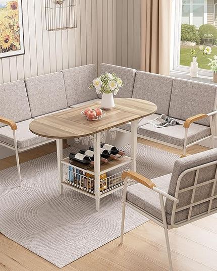 VFK 3 Piece Dining Table Set, 51 Inch Modern Kitchen Folding Breakfast Table with Right Seat Storage Corner Stools and Dining Chairs for Home Dining Room Furniture