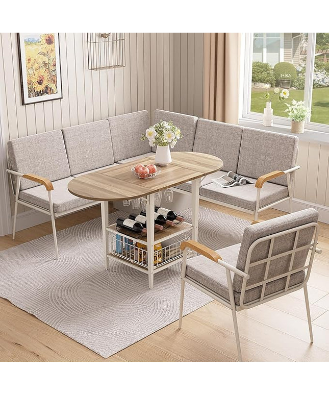 VFK 3 Piece Dining Table Set, 51 Inch Modern Kitchen Folding Breakfast Table with Right Seat Storage Corner Stools and Dining Chairs for Home Dining Room Furniture