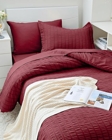 HYMOKEGE Burgundy Twin XL Comforter Set Seersucker 5 Pieces, All Season Luxury Bed in a Bag for Bedroom, Bedding Set with Comforter, Sheets, Pillowcase & Sham