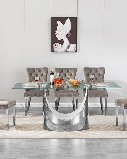 7 Piece Dining Table Set, Modern Glass Dining Table Set for 6 with Velvet Chairs, 70" Luxury Dining Table Chairs Set of 6, Kitchen Dining Room Sets for Dinner Dinette Breakfast Banquet, Grey+Silver