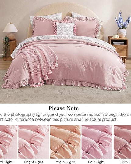 Full Comforter Set - 7 Pieces Ruffle Soft Pink Bedding Sets, Shabby Chic Farmhouse Bed in a Bag Full with Ruffle Comforter, Floral Sheets, Pillowcases & Shams