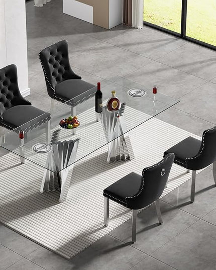 5 Piece Glass Dining Table Set,70" Dinner Room Glass Table Set for 4,Modern Kitchen Dinner Table Set with Stainless Steel Base and 4 Upholstered Velvet Dining Chairs for Living Dining Room