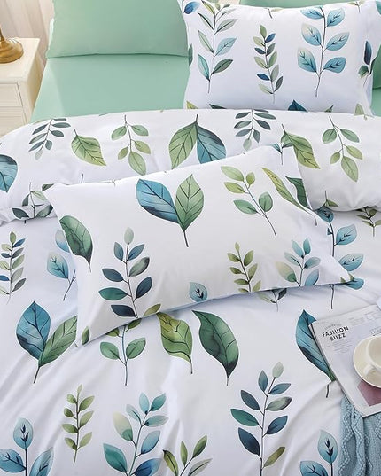MUXHOMO Grey Green Foliage Bed in a Bag Queen 7 Pieces, Queen Comforter Set Reversible Botanical Flowers Design, Ultra Soft & Breathable Bedding Sets with Comforter, Sheets, Pillowcases & Shams