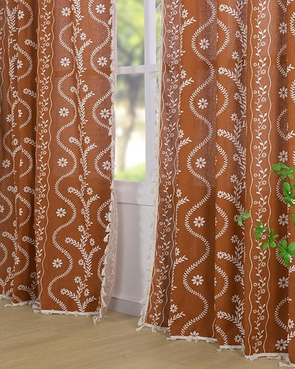 Boho Terracotta Curtains 84 Inch Length for Living Room, Linen Semi Sheer Vintage Farmhouse Printed Floral Curtains Burnt Orange Rustic Western Curtain Drapes
