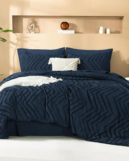 Litanika Navy Blue Queen Size Comforter Set with Sheets - 7 Pieces Bed in a Bag Queen Boho Tufted Complete Bedding Sets with Comforter, Sheets, Pillowcases & Shams
