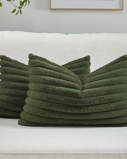 FUTEI Olive Green Throw Pillow Covers Set of 2, 12x20 Inch Striped Texture Lumbar Pillow Cases with Soft Faux Rabbit Fur Front & Velvet Back, Modern Decorative Couch Pillows for Living Room