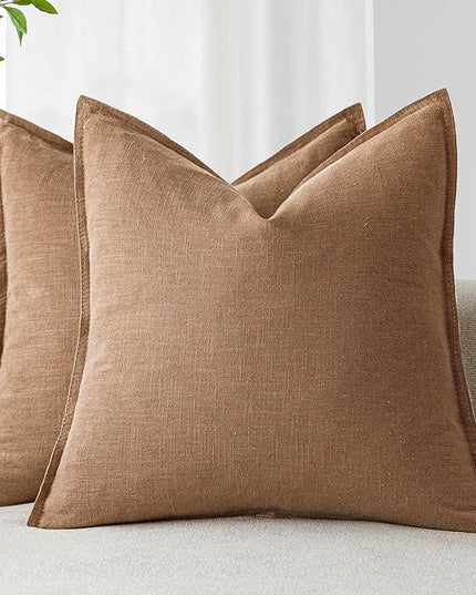 Foindtower Pack of 2, Decorative Linen Soild Throw Pillow Covers Soft Accent Cushion Case Boho Farmhouse Pillowcase for Chair Couch Sofa Bedroom Living Room Home Decor 20 x 20 Inch Light Khaki Brown