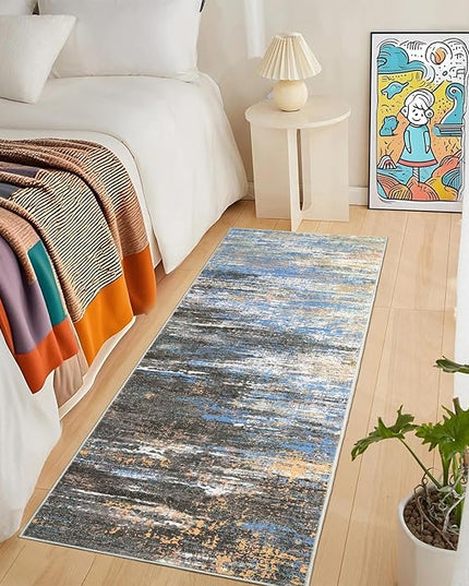 Washable Runner Rug 2x6 Modern Abstract Kitchen Rugs, Non Slip Bathroom Rug, Low Pile Laundry Room Soft Long Carpet for Hallway Bedroom Entryway, Blue/Brown