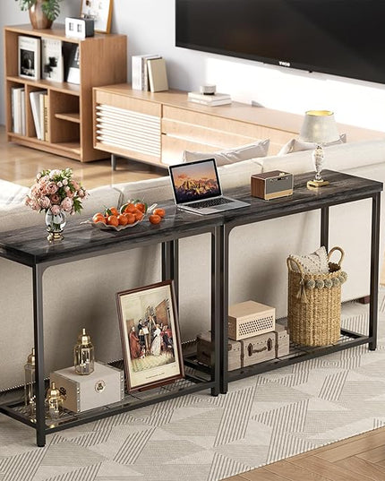 32" Small Console Table, 2-Tier Narrow Entryway Table, Sofa Table with Mesh Shelves, Console Tables for Living Room, Hallway, Entryway, Farmhouse Console Table with Storage, Oak Grey