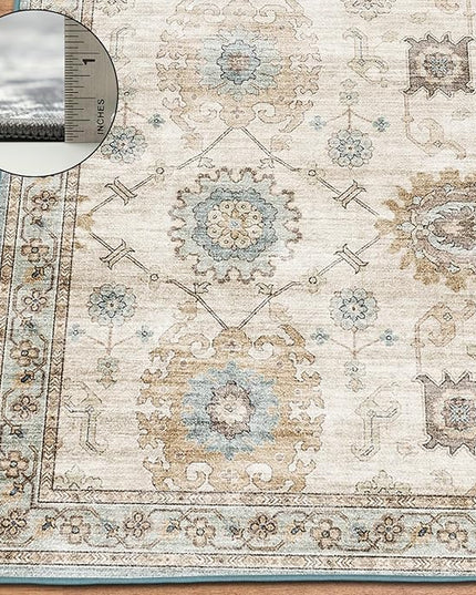 ReaLife Rugs Machine Washable Area Rug Runner - Living Room Bedroom Bathroom Kitchen Entryway Office - Padded Low Pile Stain Resistant Premium - Boho Farmhouse Vintage - Bryn - Beige Seafoam 2'6"x6'