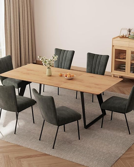 ZckyCine 7-Piece Dining Set, 51"-67" Expandable Mid-Century Modern Table with 6 Chairs, Leather Seat & Backrest, Metal Frame, Oak/Black for Dining Room/Home