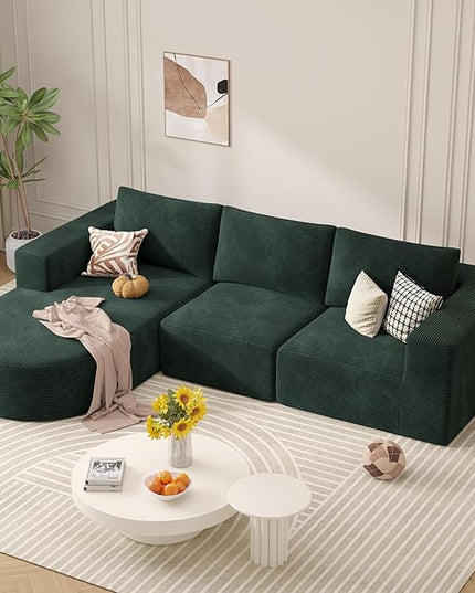 Modular Sectional Sofa with L-Shape Chaise,Cloud Sectional Modern Sleeper Couch with Deep Seat,Sponge Compression Sofas No Assembly Required (Green-Corduroy Fabric) 1PCS