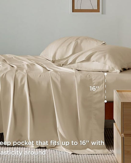 Bedsure Cooling Sheets Twin, Rayon Derived from Bamboo, Cooling Sheets, Breathable & Soft, Deep Pocket Up to 16 Inches, Hotel Luxury Silky Bedding for Hot Sleepers, Beige