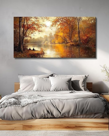 FUHAIHUA Canvas Wall Art For Living Room Large Wall Decor For Bedroom Aesthetics Office Wall Decoration Saffron Yellow Tree Landscape Painting Forest Picture Artwork Ready To Hang Home Decor 24"X48"