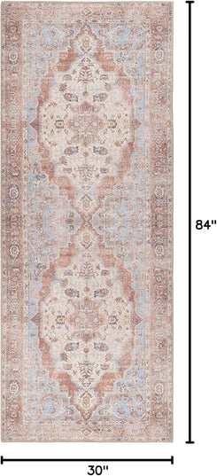 GLN Rugs Traditional Collection - Machine Washable Area Rug, Traditional Washable, Non Slip, Low Pile Chenille Rug, Living Room, Bedroom, Kitchen Rug (2'6"x7' Brown/Blue)