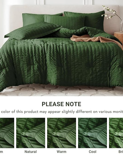 MUXHOMO 7 Pieces King Comforter Set, Seersucker Bed in a Bag King Size, All Season Luxury Bedding Set with Comforter, Flat Sheet, Fitted Sheet, Pillowcases & Shams, Dark Green