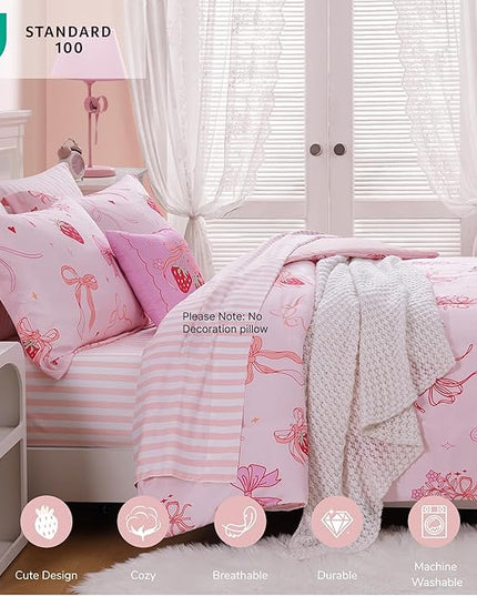 Twin Comforter Set for Girls-5 Pieces Pink Bow Twin Bedding Sets for Kids, Ultra Soft Bed in A Bag with Sheets