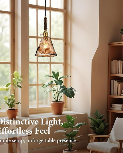 Modern Amber Glass Pendant Light, 6"x11.5" Floral Bell-Shaped Hanging Light with Wood Handle & Brass Cap, 15"-72" Adjustable Line, E26 Socket – Golden Amber Morning Glory