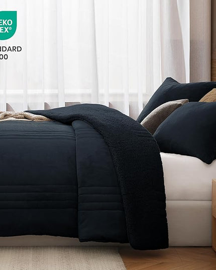 Monbix Fluffy King Size Comforter Set Navy Blue, Sherpa Plush Fuzzy Comforter 3 Piece for King Size Bed, Luxury Soft Winter Warm Bedding Set