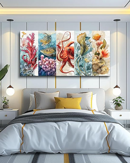 XIGUANGART Bathroom Framed Canvas Wall Art Undersea Abstract Pictures Octopus Coral Reef Vibrant Colorful Marine Animals Painting Large Wall Decor for Living Room Bedroom Nautical Home Decorations