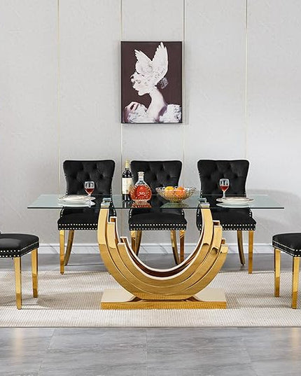 Henf 7-Piece Glass Dining Table Set with 6 Upholstered Dining Chairs, Large Gold Dining Table and Chair Set for 6, Modern Kitchen Table Furniture for Dining Room, Stainless Steel Base and Glass Top