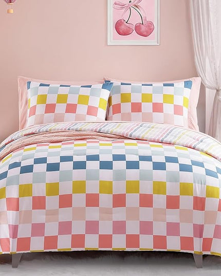Full Size Comforter Set for Girls-7 Pieces Colorful Check Full Bedding Sets for Kids, Ultra Soft Bed in A Bag with Sheets