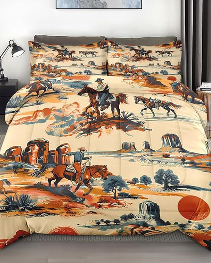 Comforter Set Full Size, Vintage Western Cowboy Soft 3 Pcs Bedding for Kids and Adults West Horse Desert Comforter Set with 2 Pillowcases for Bedroom Bed Decor