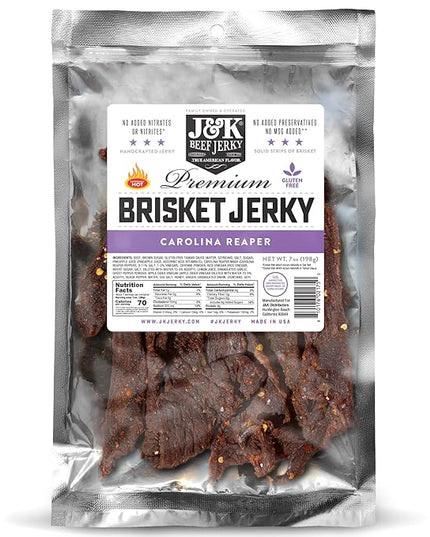 J&K Jerky Carolina Reaper Beef Brisket Jerky - Small Batch American Made Slab Beef Jerky's Spicy and Savory Snack with a Kick - Bold & Flavorful Snack! - 7oz Big Bag of Jerky's