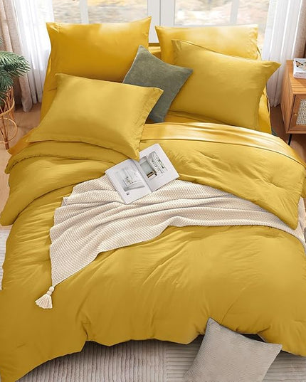WRENSONGE Queen Comforter Set- 7 Pieces Soft Yellow Bed in a Bag Queen with Fitted Sheet, Flat Sheet, 2 Shams, and 2 Pillowcases- Warm Bedding Sets for All Season