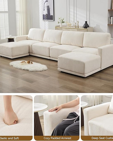110.6" L Shaped Modular Sectional Sofa Modern Chenille Comfy Couch with Thickened Seat Cushions, Easy Assembly, Upholstered 4 Seater Couch with Movable Ottoman for Living Room, White
